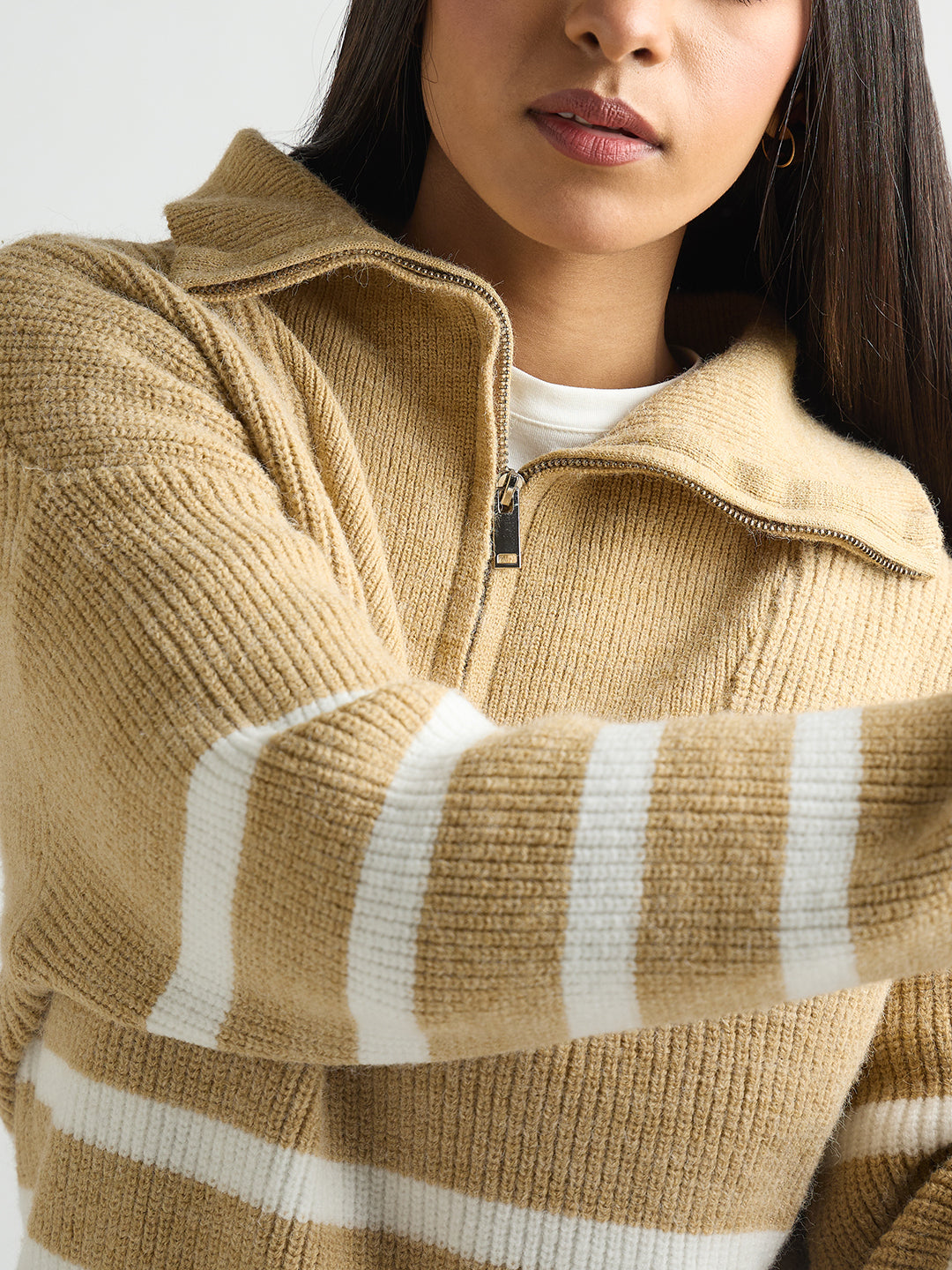 Beige & White Striped Half Zipper Sweater