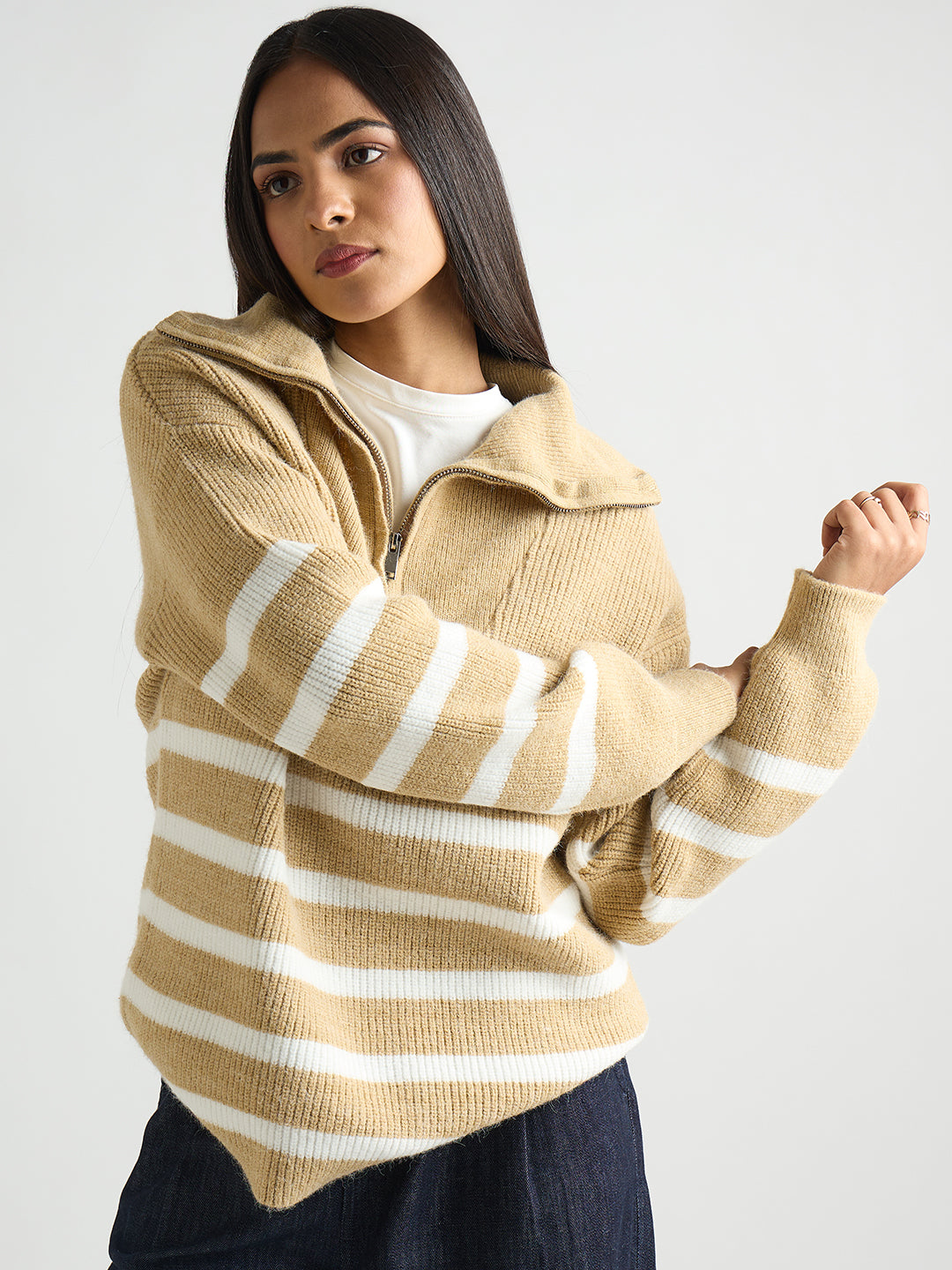 Beige & White Striped Half Zipper Sweater
