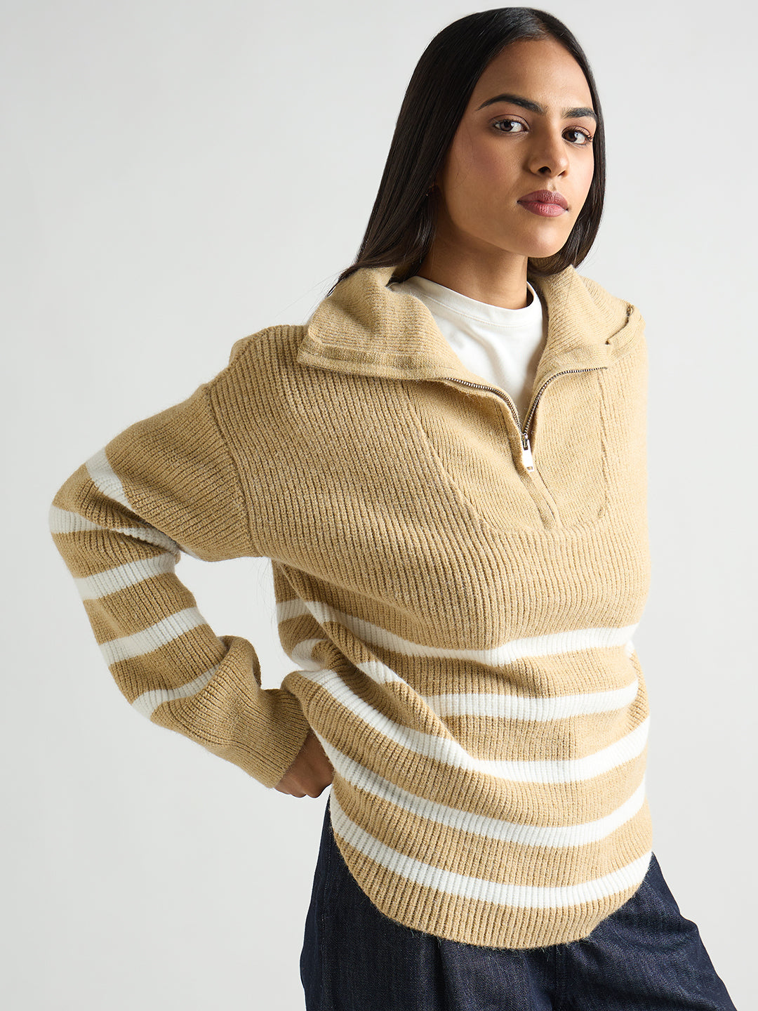 Beige & White Striped Half Zipper Sweater