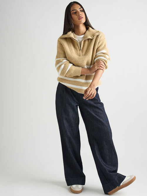 Beige & White Striped Half Zipper Sweater