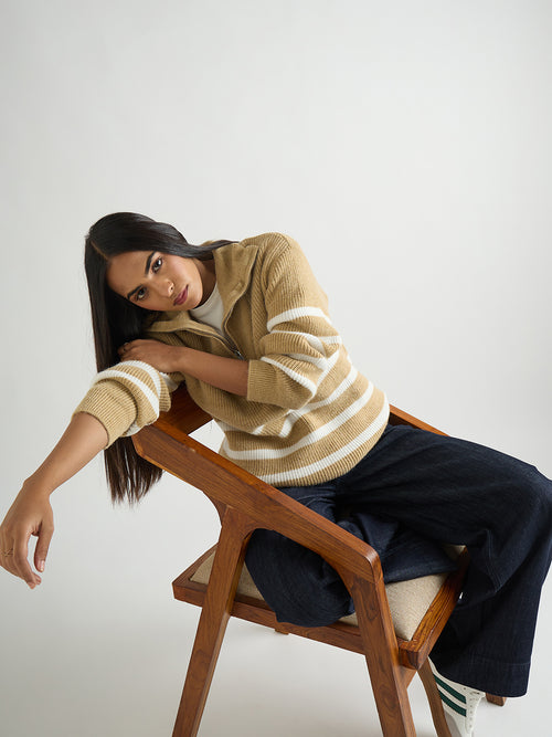 Beige & White Striped Half Zipper Sweater