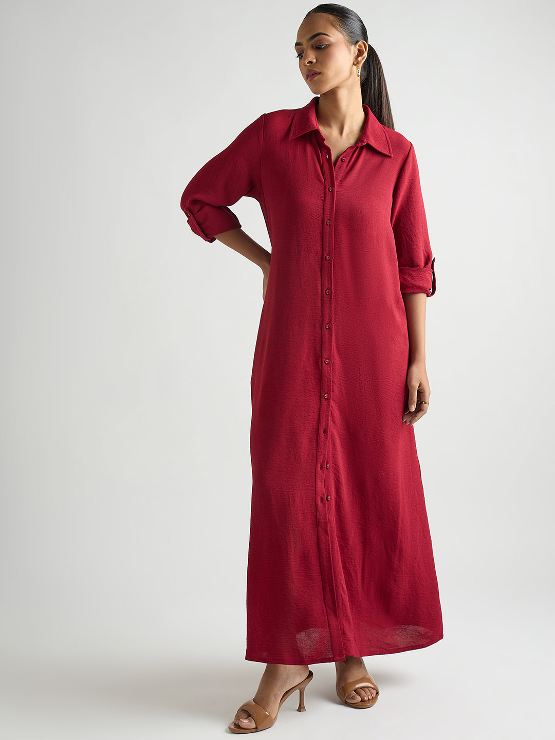 Deep Red Shirt Maxi Dress