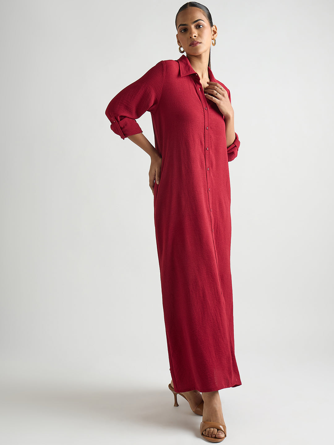Deep Red Shirt Maxi Dress