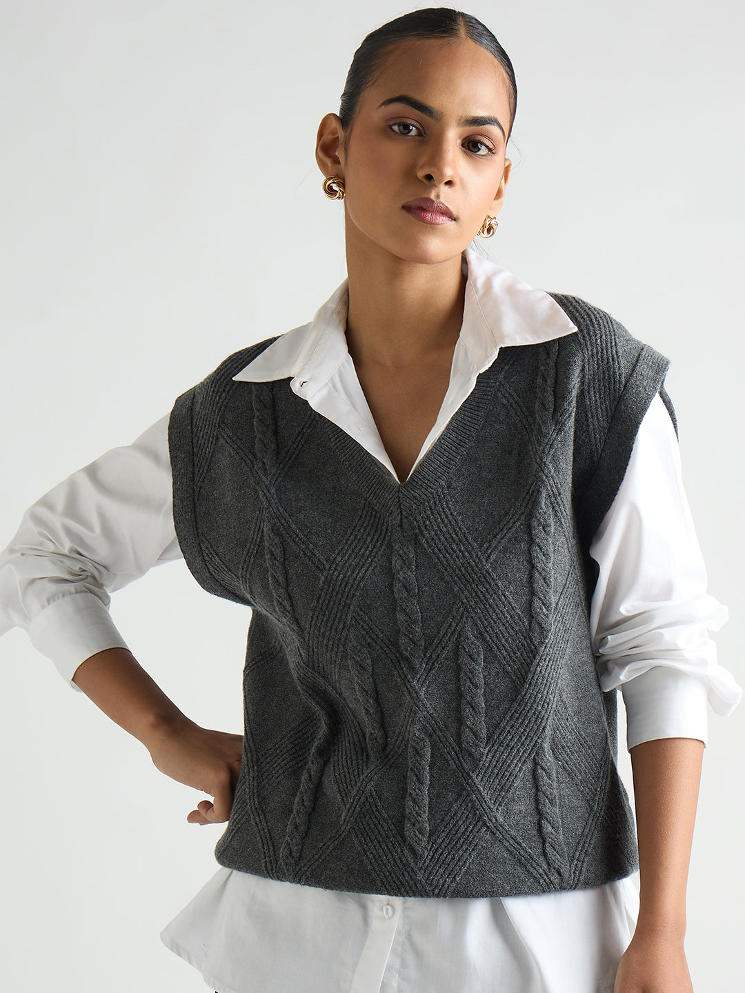 Grey Melange Cable Knit Sweater Vest