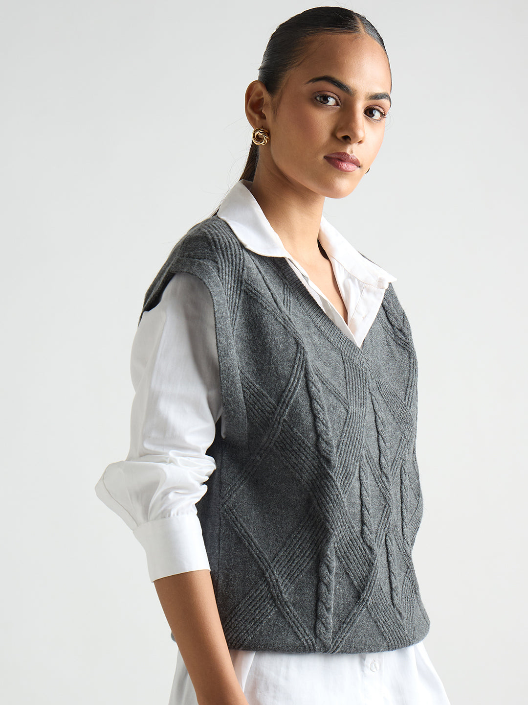 Grey Melange Cable Knit Sweater Vest