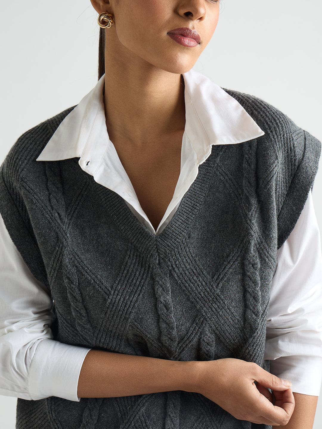 Grey Melange Cable Knit Sweater Vest