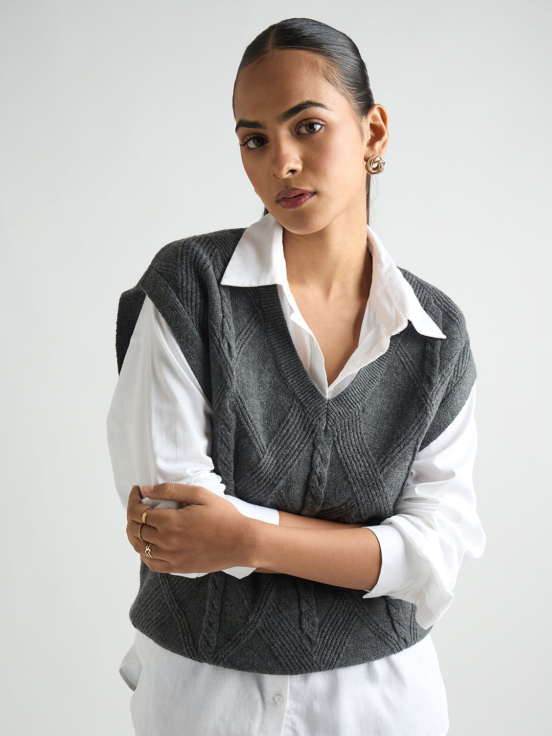 Grey Melange Cable Knit Sweater Vest