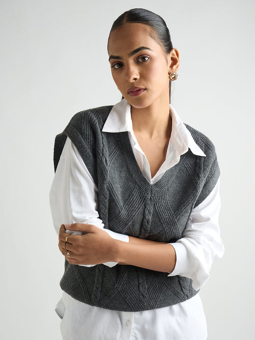 Grey Melange Cable Knit Sweater Vest