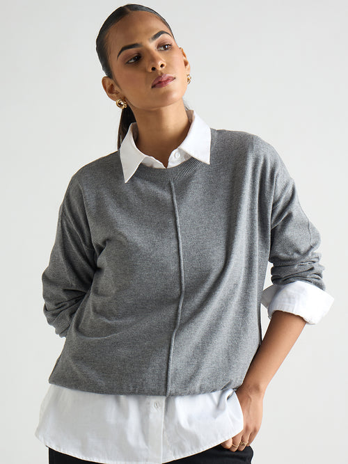 Grey Melange Pintuck Detail Sweater
