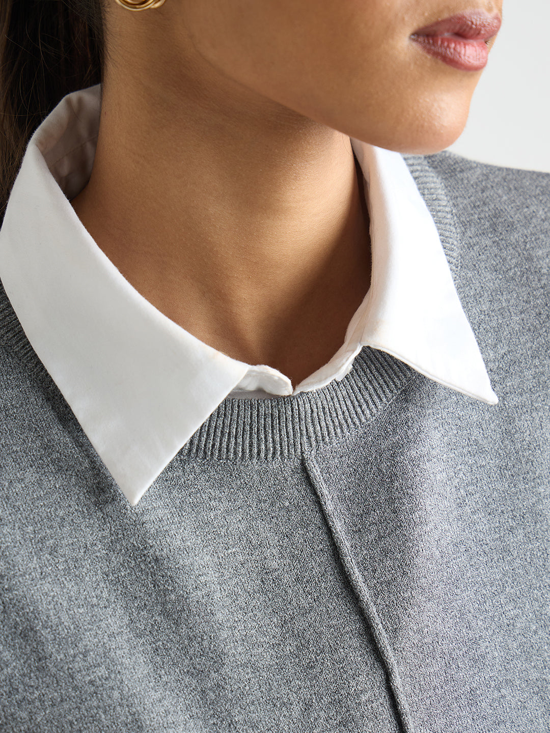 Grey Melange Pintuck Detail Sweater