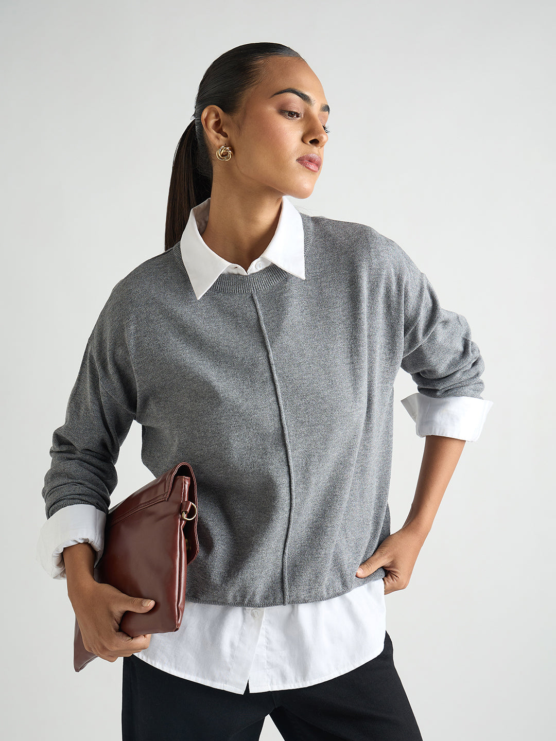Grey Melange Pintuck Detail Sweater