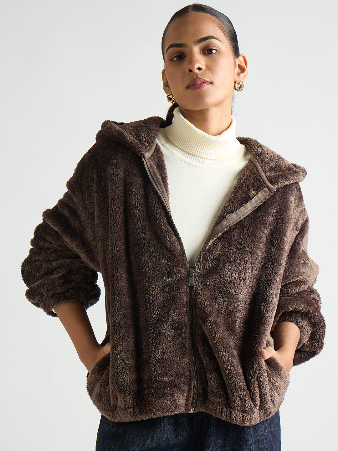 Coffee Brown Zip-Up Fur Hoodie