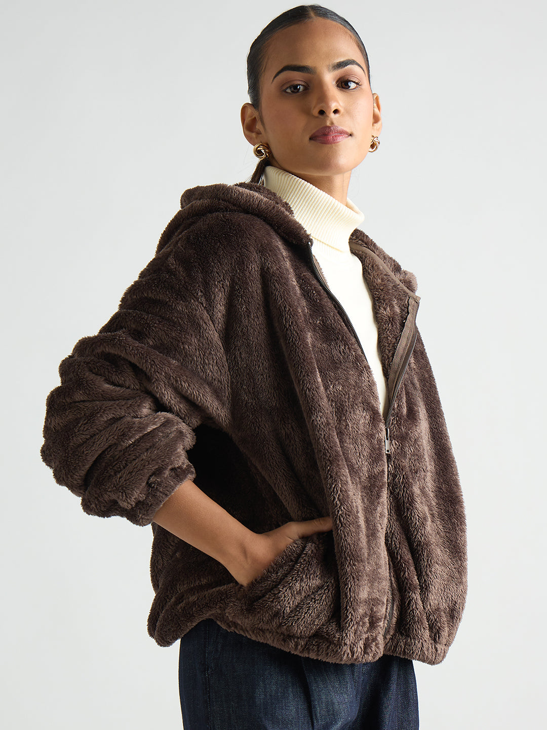 Coffee Brown Zip-Up Fur Hoodie