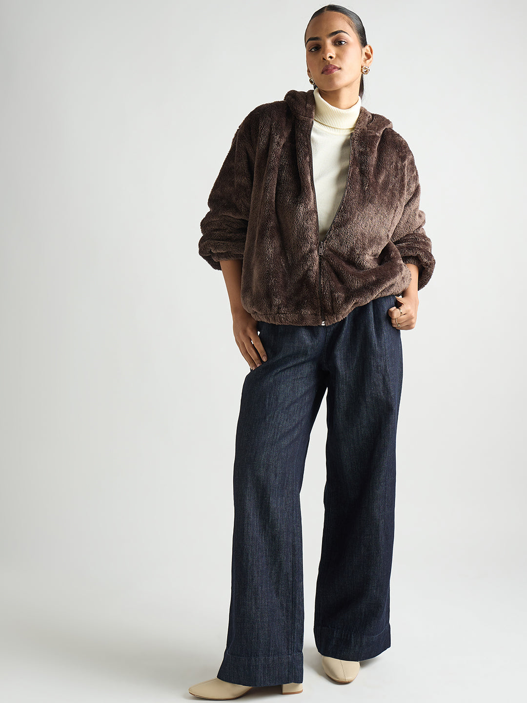 Coffee Brown Zip-Up Fur Hoodie