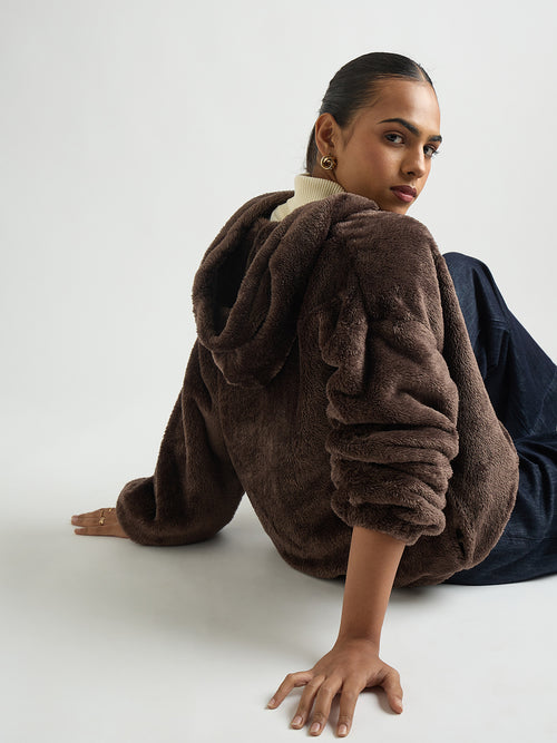 Coffee Brown Zip-Up Fur Hoodie