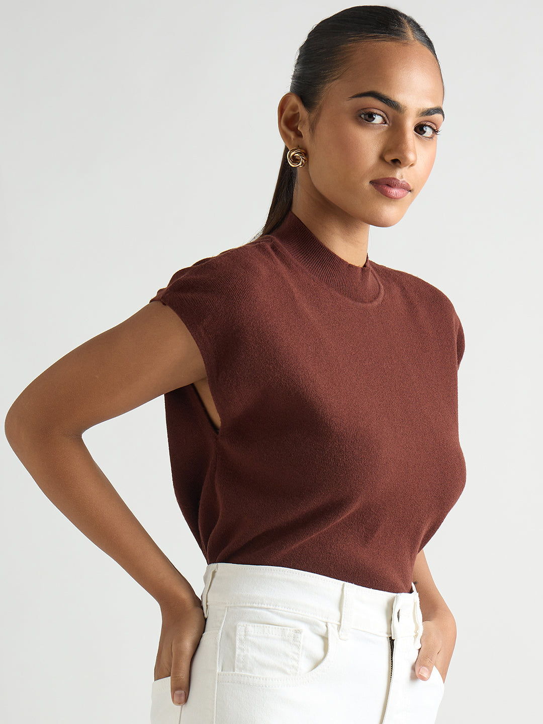 Coffee Brown High Neck Sweater Vest