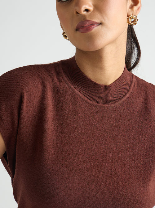 Coffee Brown High Neck Sweater Vest
