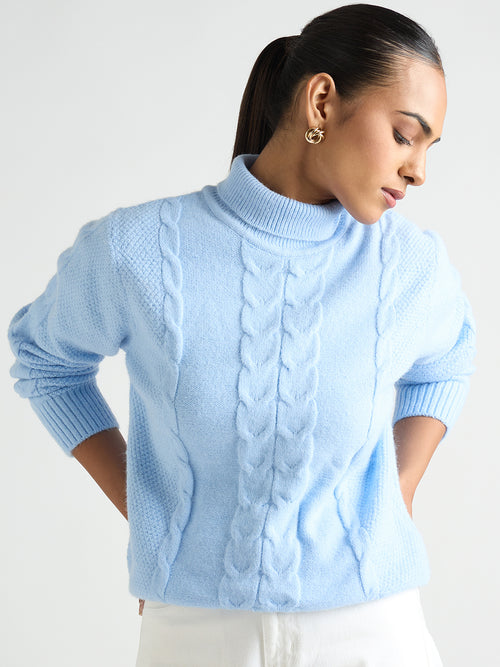 Light Blue Turtle Neck Cable Knit Sweater