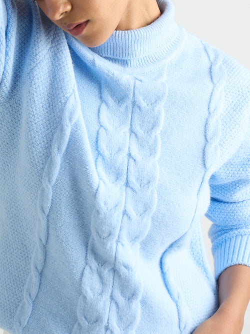 Light Blue Turtle Neck Cable Knit Sweater