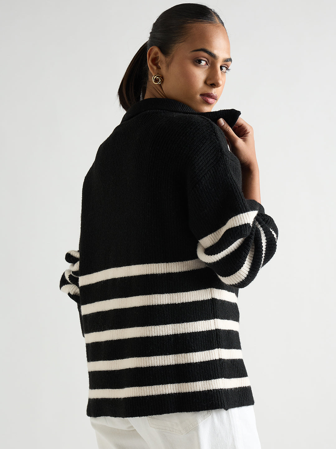 Black & White Striped Half Zipper Sweater