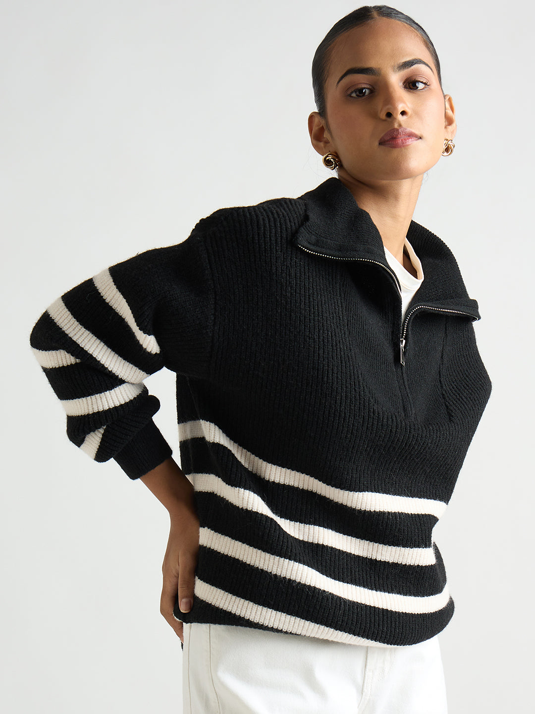 Black & White Striped Half Zipper Sweater