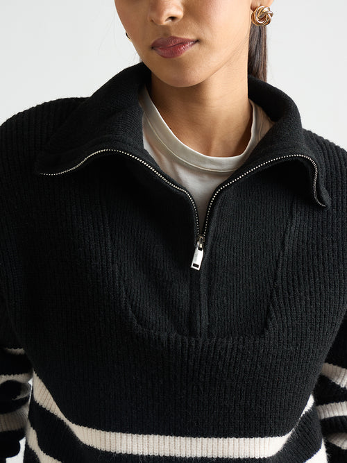 Black & White Striped Half Zipper Sweater