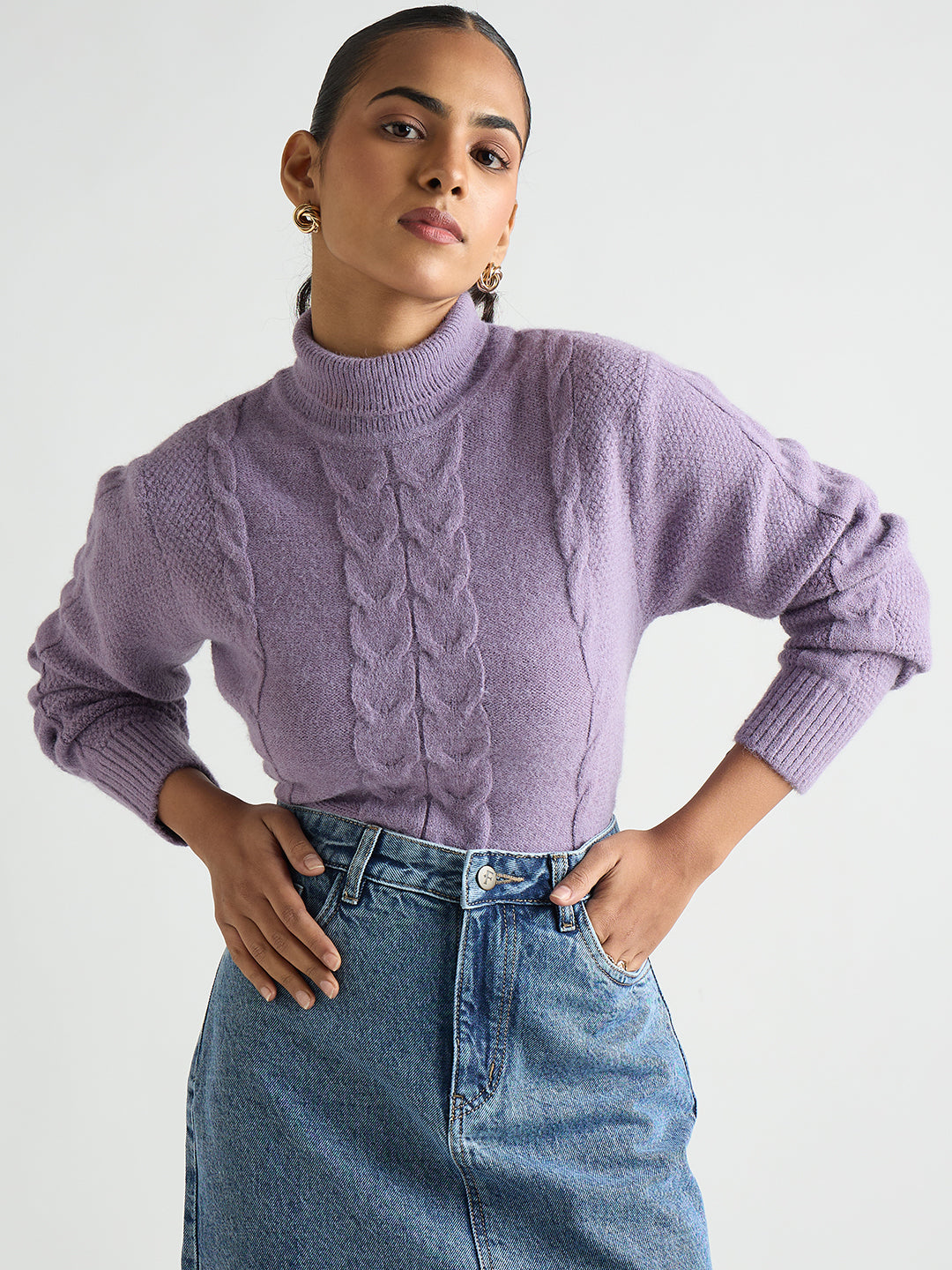 Lilac Turtle Neck Cable Knit Sweater
