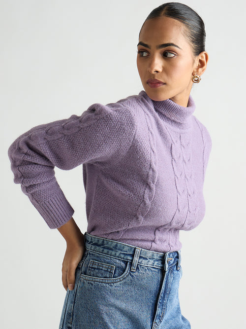 Lilac Turtle Neck Cable Knit Sweater
