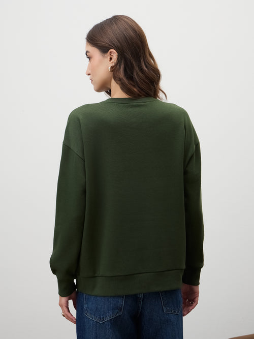 Olive Crew Neck Fleece Sweatshirt