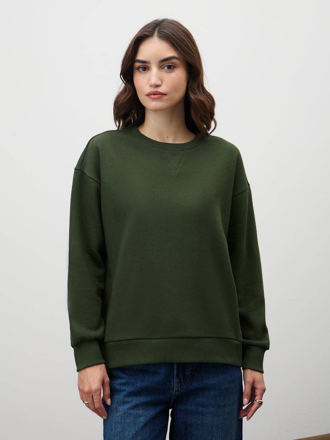 Olive Crew Neck Fleece Sweatshirt