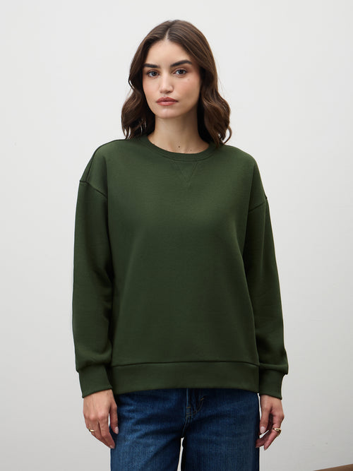Olive Crew Neck Fleece Sweatshirt