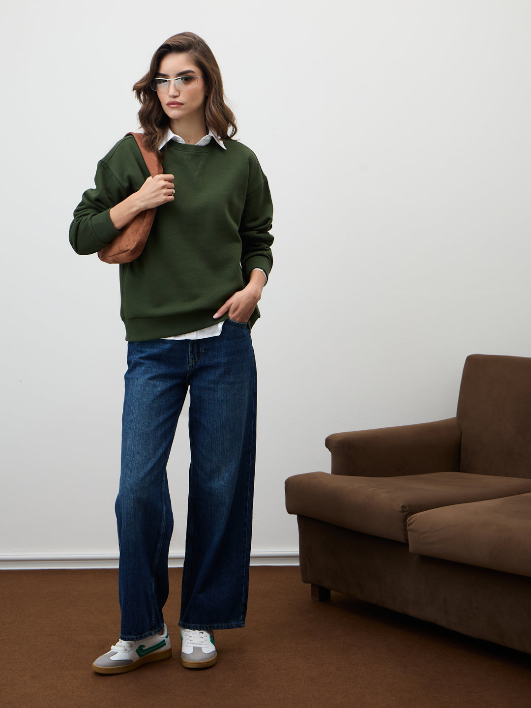 Olive Crew Neck Fleece Sweatshirt