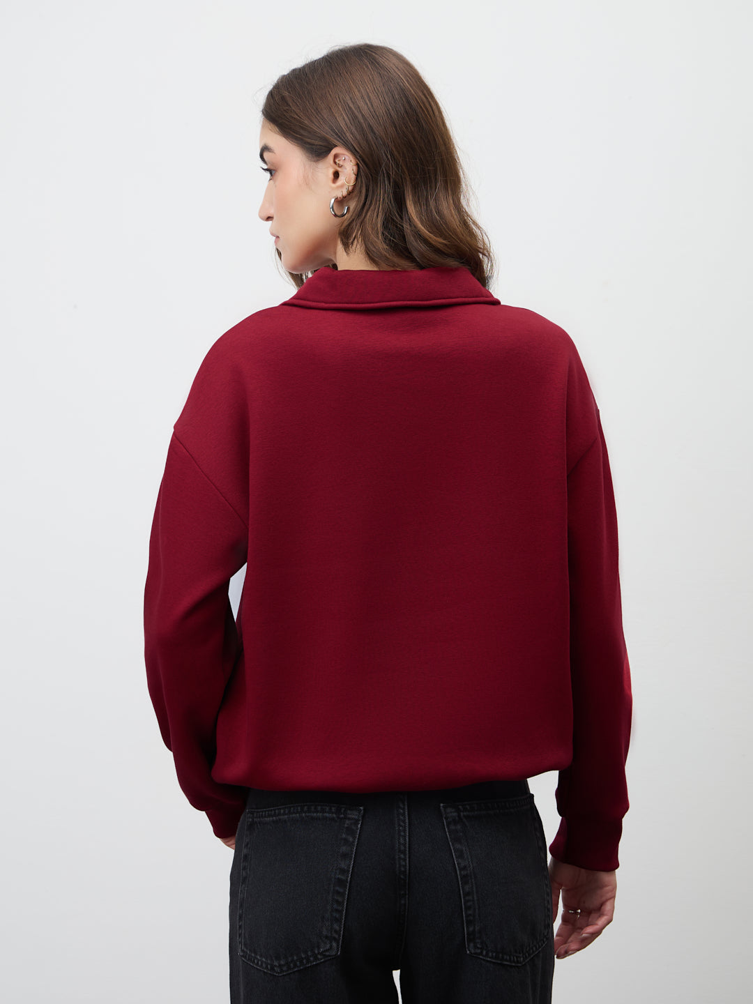 Red Half Zipper Fleece Crop Sweatshirt