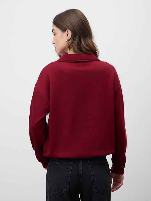 Red Half Zipper Fleece Crop Sweatshirt