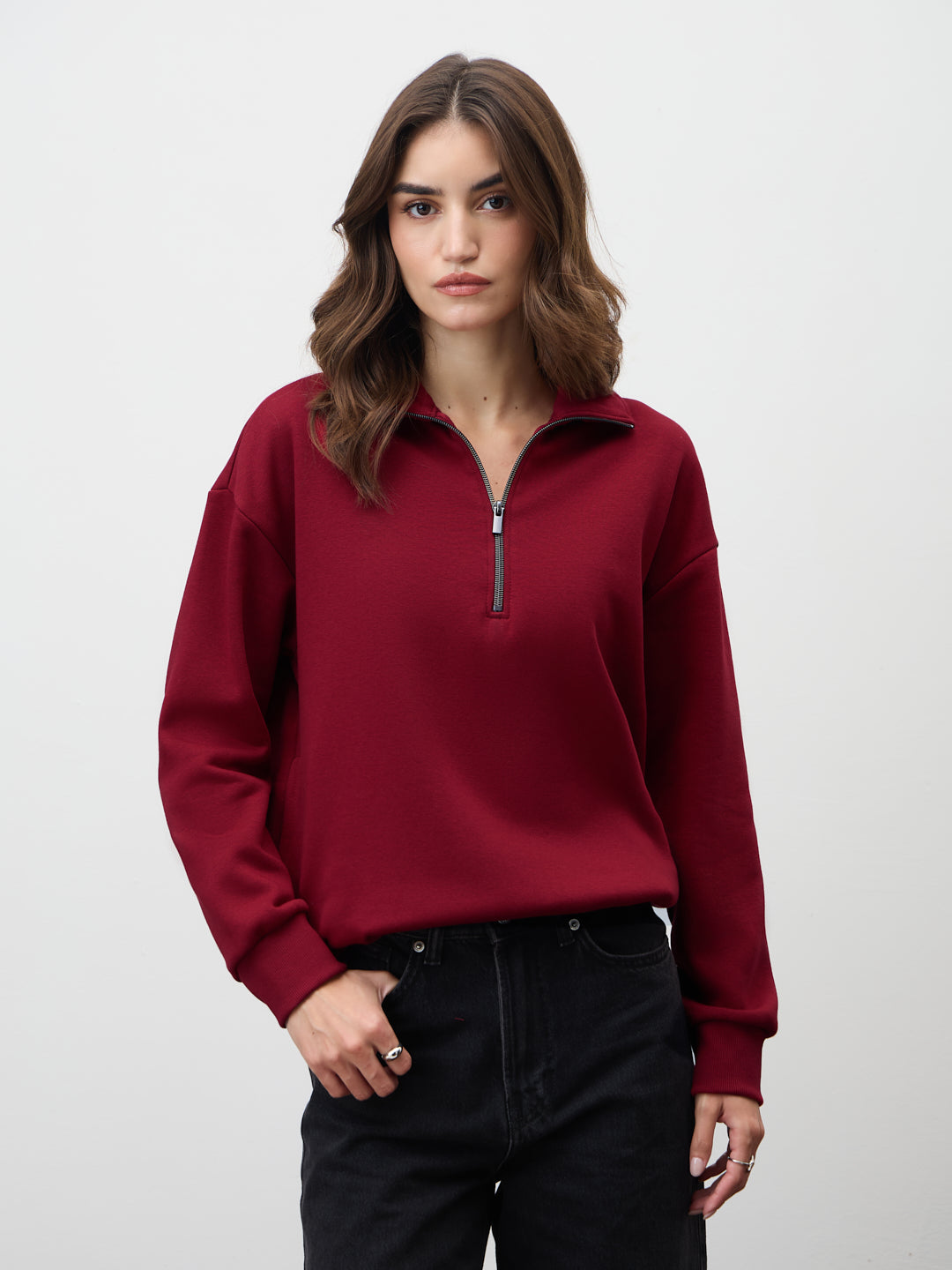 Red Half Zipper Fleece Crop Sweatshirt