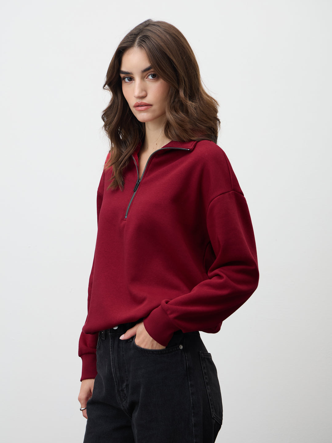Red Half Zipper Fleece Crop Sweatshirt
