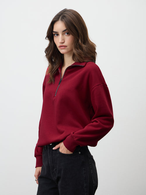 Red Half Zipper Fleece Crop Sweatshirt