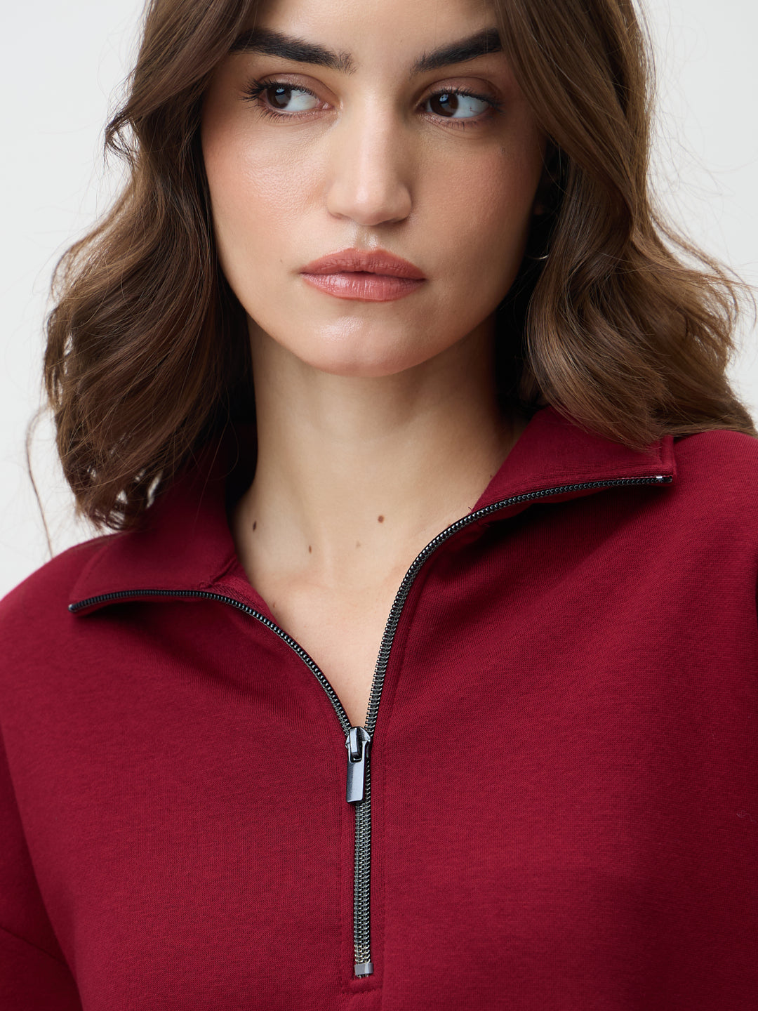 Red Half Zipper Fleece Crop Sweatshirt
