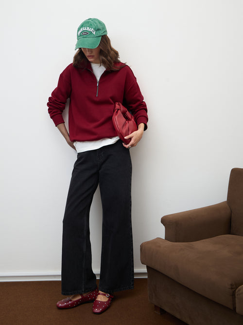 Red Half Zipper Fleece Crop Sweatshirt