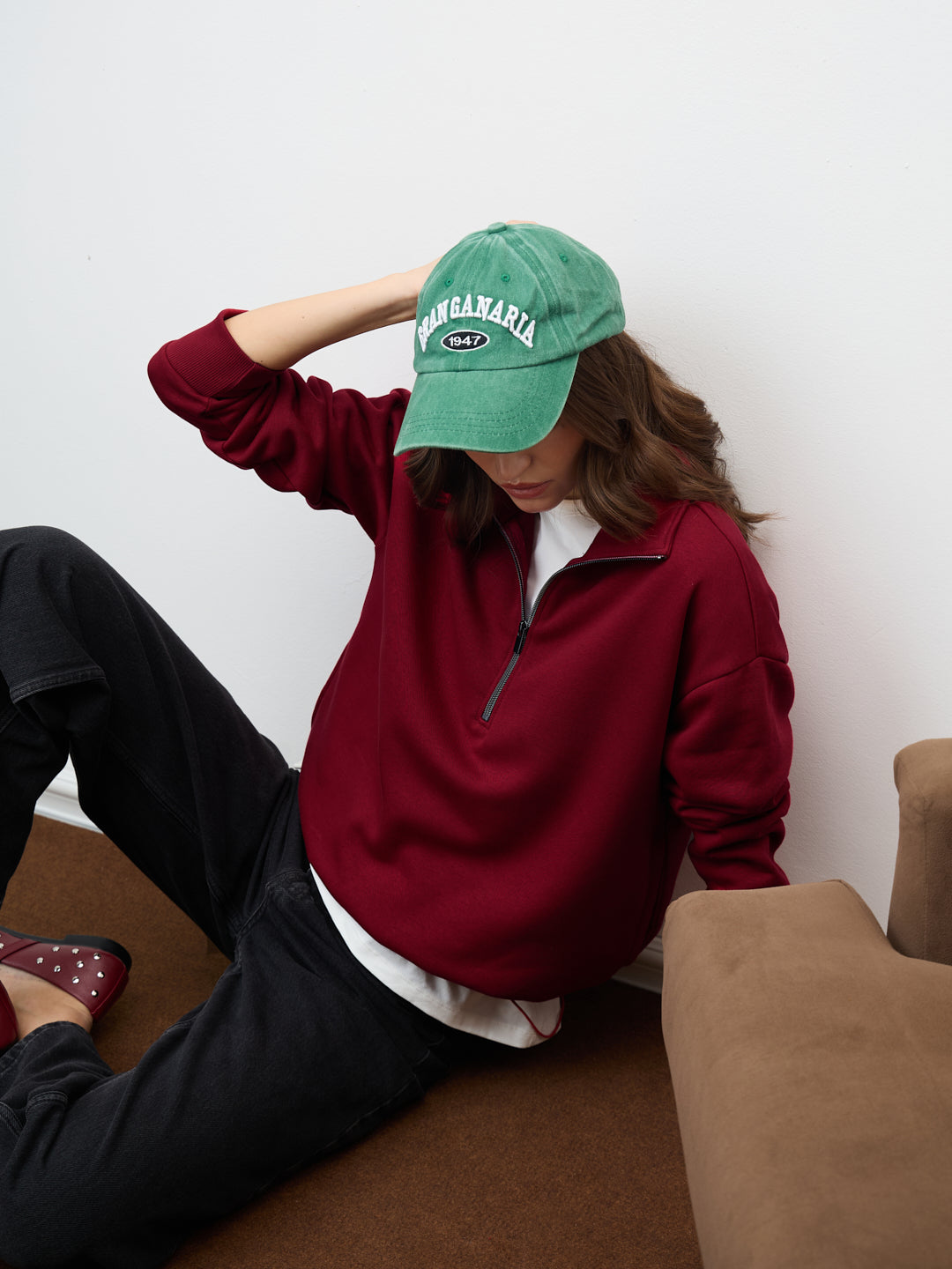 Red Half Zipper Fleece Crop Sweatshirt
