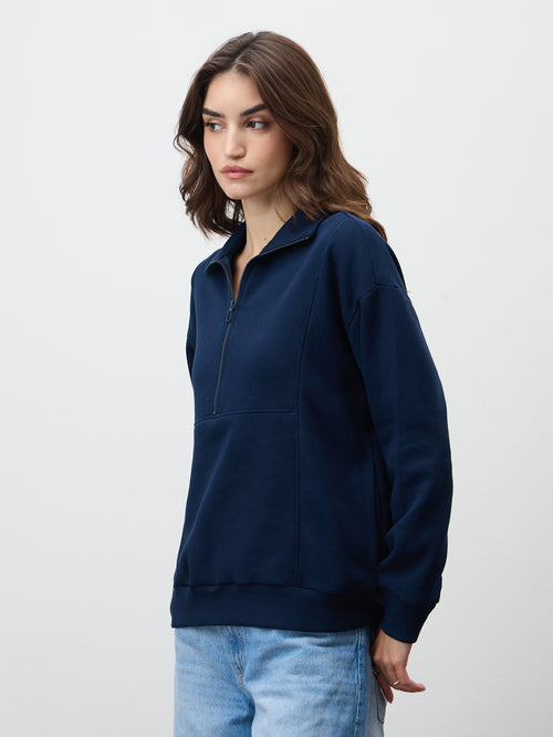 Navy Half Zipper Fleece Sweatshirt