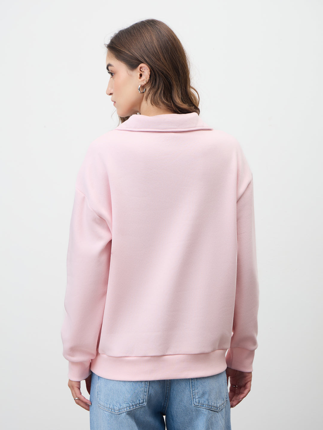 Powder Pink Half Zipper Fleece Sweatshirt