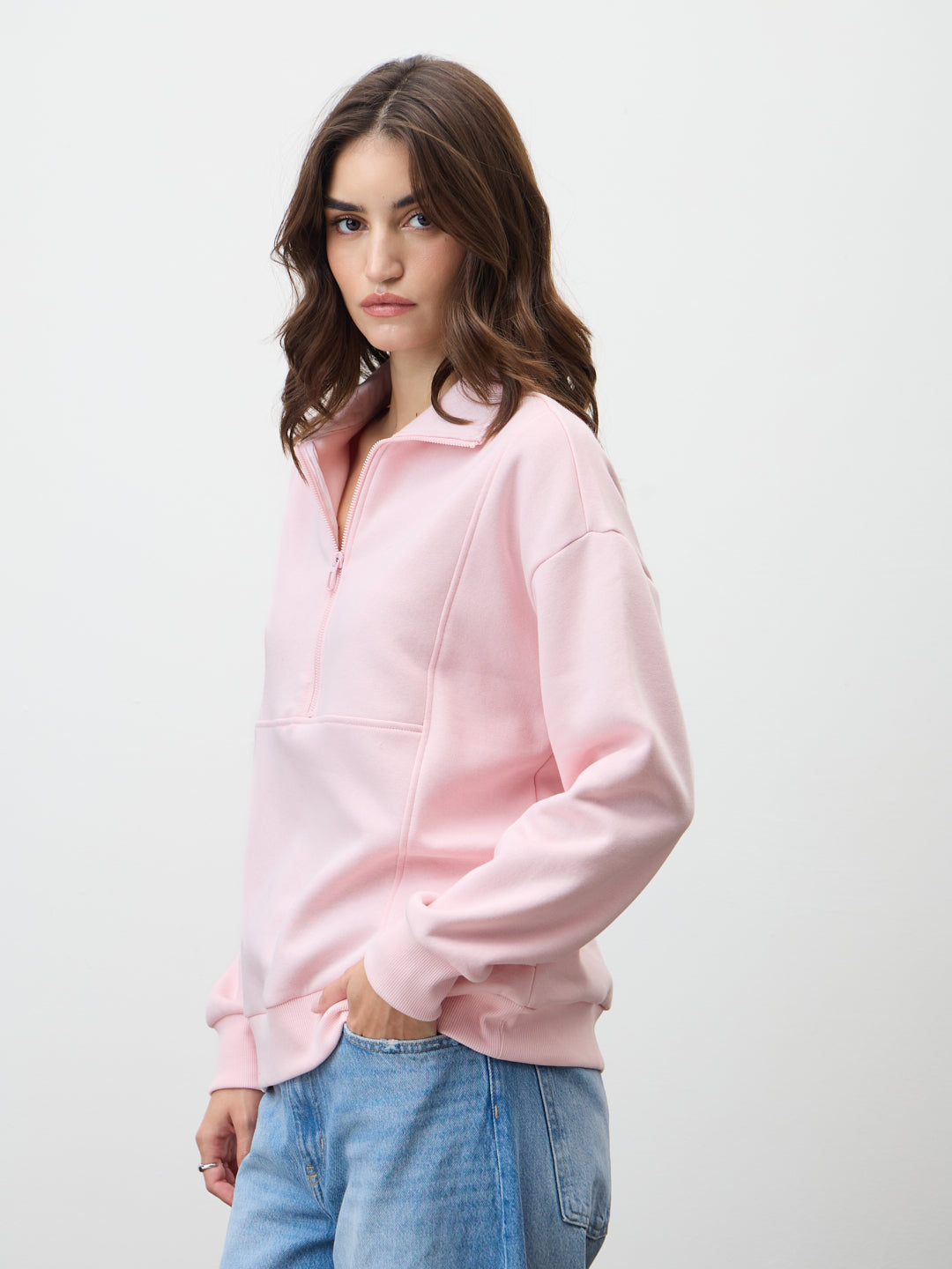 Powder Pink Half Zipper Fleece Sweatshirt