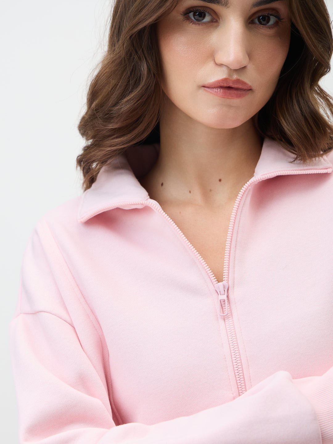 Powder Pink Half Zipper Fleece Sweatshirt