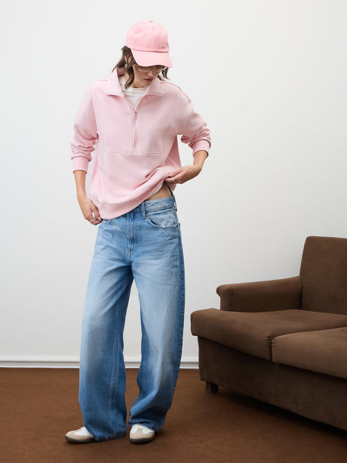 Powder Pink Half Zipper Fleece Sweatshirt