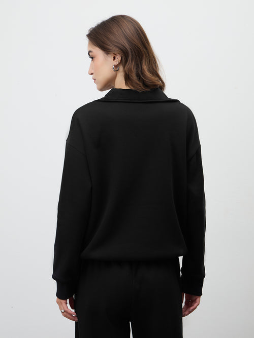 Black Half Zipper Fleece Crop Sweatshirt