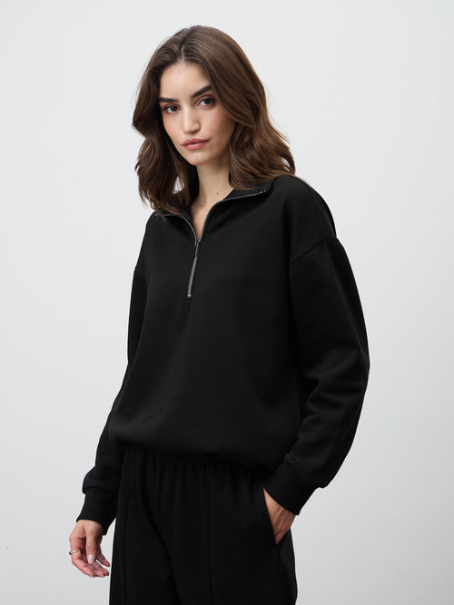 Black Half Zipper Fleece Crop Sweatshirt