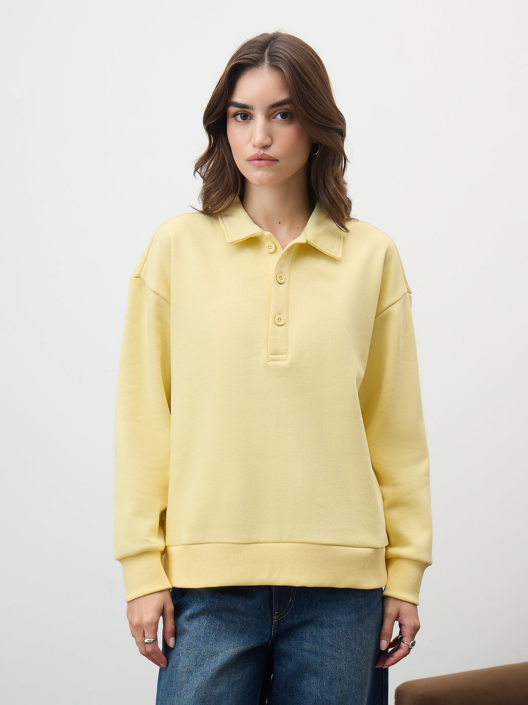Butter Yellow Button Down Fleece Sweatshirt
