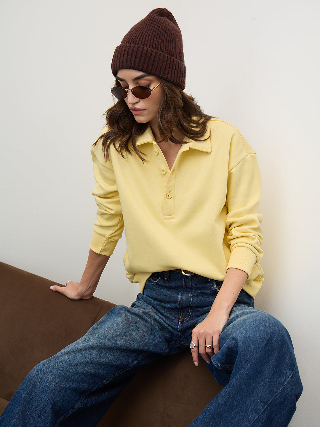 Butter Yellow Button Down Fleece Sweatshirt