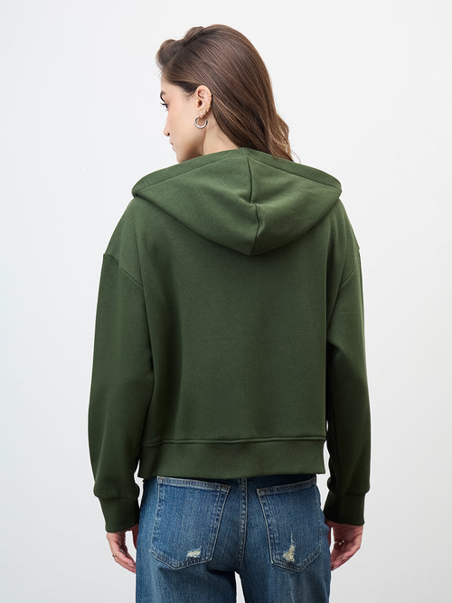 Olive Zip-Up Fleece Crop Hoodie